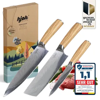 kjøk Premium Messerset Härte 58±2 HRC Asia Küchenmesser Set 3-tlg hochwertig mit Damastmesser-Muster und Olivenholzgriff professionelles Messer-Set profi Kochmesser Japan Design Messer Set