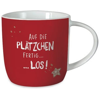 Grafik-Werkstatt Kaffeetasse mit Spruch 300 ml | Porzellan-Tasse Weihnachten | Auf die Plätzchen fertig los, 61750, Rot