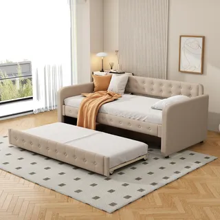 Merax Tagesbett 90x200cm mit Ausziehbett, Erweiterbares Schlafsofa mit Lattenrost und Armlehnen, Leinen Polsterbett Kinderbett Sofabett, Dunkelbeige - Beige