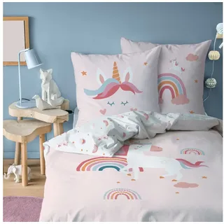 MTOnlinehandel Unicorn Bettwäsche Kinderbettwäsche Jugendbettwäsche 135x200 · Regenbogen Einhorn Emma · Wende Motiv · Kissenbezug 80x80 + Bettbezug 135x200 cm · 100% Baumwolle