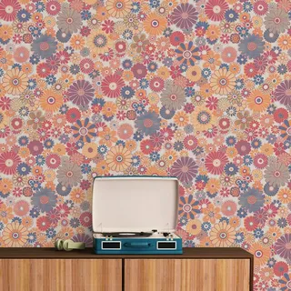 A.S. Création Blumen-Vliestapete – Rot, Blau, Orange – 0,53 x 8,5 m