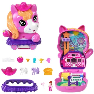 Mattel Polly Pocket Puppen und Spielset, Pony-Rodeo-Schatulle, Spielzeug für unterwegs mit 1 kleinen Puppe, Pferdchen, Zubehör für Mode und Essen, JCR39