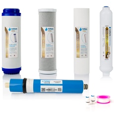 Kit mit 4 Filtern für Standard-Umkehrosmose – inklusive Vontron 75GDP-Membran für universelle 5-Stufen-Ausrüstung, Anschlüsse, ein T und Teflonrolle – Nature Water Professionals