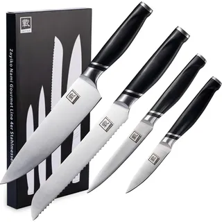 Zayiko 4er Messer-Set - Klingenlängen von 8,50 cm bis 20,50 cm I Scharfe Küchenmesser und Profi Kochmesser aus deutschem Stahl mit ABS Griff und Geschenkbox Serie Zayiko NAMI