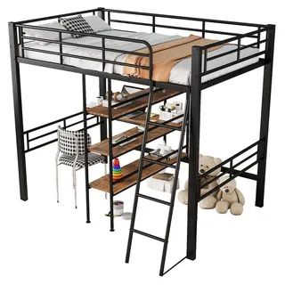 Okwish Hochbett 90x200cm mit Schreibtisch und Regalen Kinderzimmer schwarz ohne Matratze