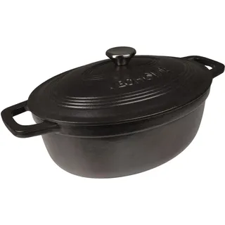 Schmortopf Emailliertes Gusseisen VeoHome Mattschwarz 6L oval, Ultra widerstandsfähiger Bräter, Kochtopf kompatibel mit Induktion/Gas/Ofen, gleichmäßiges Garen, authentische Aromen, Relief-Deckel