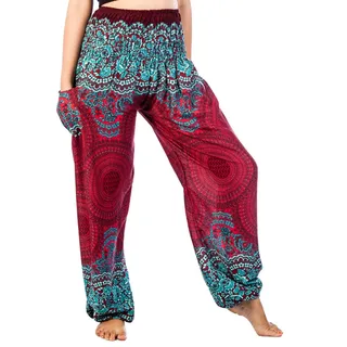 Lofbaz Haremshose Damen Boho Yogahose Pumphose Hippie Hose Kleidung Festival Outfit Sommerhose Leicht Sommer Hosen - Rose 1 Burgund M