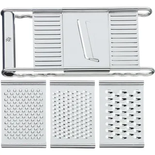 WMF Gourmet Gemüsereibe 12 x 18 cm, Küchenreibe Edelstahl mit 4 Aufsätzen zum Hobeln, Multireibe, Raspeln, Reiben und Schneiden, Kartoffelreibe, Gurkenhobel