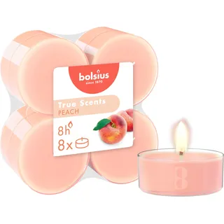 Bolsius – 8 Teelichter Maxi Duft – Pfirsich – Lange Brenndauer von 8 Stunden – Kerze für den Innenbereich – Natürliche Extrakte – Veganes Wachs – Ohne Palmöl