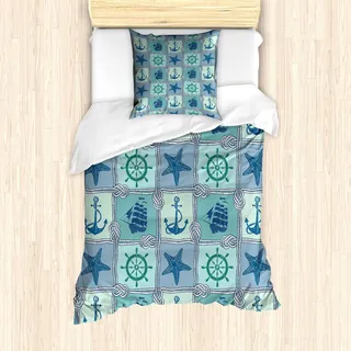 ABAKUHAUS Steuerrad Bettbezug Set, Aquatische Flickwerk Optik mit Seil Starfish Segeln Schiffs Anker und Rad Muster, 135 x 200 cm + 80 x 80 cm, Türkis Navy
