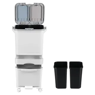Hengda Mülleimer Trennsystem 4 Fächer Recycler Lagerschrank 42 Liter inkl. Pedal - Weiß