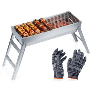 Vilde | Campinggrill Edelstahl Klappbar - 73x21x37 cm - Reisegrill mit Handschuhen - Silber