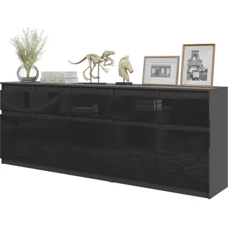 Kommode NOAH Anthrazit Grau / Schwarz Hochglanz – Große Schlafzimmerkommode mit 5 Schubladen und 5 Türen, Sideboard Set B200 x H75 x T35 cm - Grau, Schwarz