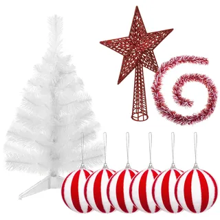 Weihnachtsdekoration-Set Tanne weiß 70 cm mit Sockel + 6 Weihnachtskugeln weiß rot + roter Stern + Lametta Girlande weiß und rot 2 m PK3542