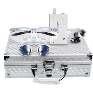 BoNew Oral 2,5 × 420 mm chirurgische Fernglaslupe, optische Brille mit 3 W LED-Scheinwerferlampe und silberfarbener Aluminiumbox