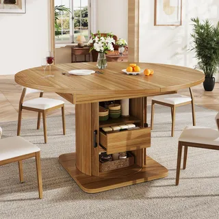 MODFU Esstisch ausziehbar Brown,Küchentisch Rund,Tisch Wohnzimmer,Esszimmertisch 118-158 cm,Wohnzimmertisch mit mit Schubladen für bis zu 6 Personen - Braun
