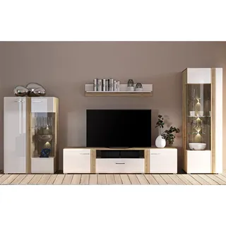 Wohnwand in Eiche Nb. AKRON-131 modern mit Fronten in Hochglanz weiß 4-teilig mit Vitrinenschrank - Weiß