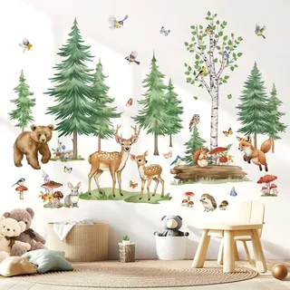 wondever Wandtattoo Waldtiere Baum Große Kiefer Wandaufkleber Birken Bär Hirsch Fuchs für Kinderzimmer Babyzimmer Schlafzimmer
