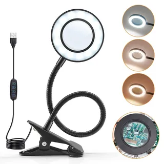 One Fire 10X Lupe mit Licht, 11W 48 LED Leselampe Buch Klemme, 3 Modi & 10 Helligkeitsstufen USB Nachttischlampe Dimmbar, 40cm 360° Schwanenhals Led Tischlampe Dimmbar Klemmlampe Lupenbrille Mit Licht