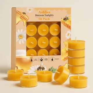 Ashlux Bienenwachs Teelichter - 50 Stück Bienenwachskerzen aus 100% reinem Naturwachs, 4 Stunden Brenndauer, gelbe Kerzen in klaren Acrylbechern für Weihnachten, Hochzeit, Party und Zuhause