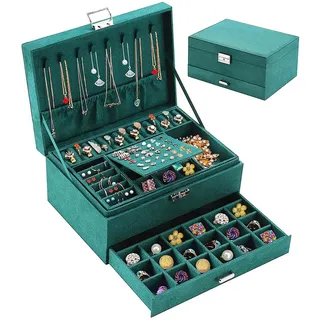 Withosent Schmuckkästchen 3 Ebenen, Schmuckschatulle aus Samt, Schmuckbox Schmuckkoffer für Damen, Schmuckkästen für Ringe, Ohrringe, Halsketten und Uhren, mit Schloss und Schlüssel