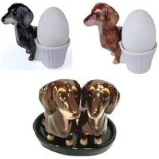 B2SEE LTD Dackel Hund Salz und Pfefferstreuer Eierbecher Keramik Geschenk Frühstück Set (SALZ Pfeffer IN BRAUN)