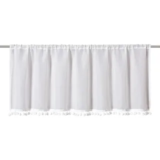 ELBERSDRUCKE halbtransparente Bistrogardine mit Tunneldurchzug und Bommel Loni 00 weiß 45x140 cm Scheibengardine für Küche Küchenfenster Sichtschutz 202088