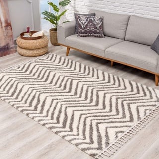 Teppich Hochflor Wohnzimmer - Ethno Chevron Design 100x300 cm Creme - Teppiche mit Fransen