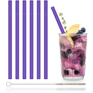 HALM Lila Glasstrohhalme 6x 20 cm Neon Violett Strohhalme aus Glas Farben für Kinder oder Party + plastikfreie Reinigungsbürste - Spülmaschinenfeste & Nachhaltige Glastrinkhalme
