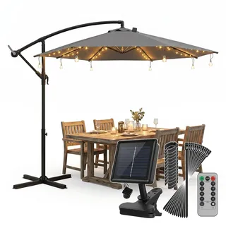 Sekey Sonnenschirm Beleuchtung Solar LED Lichterkette mit 136 LEDs & 8 Glühbirnen, Fernbedienung 8 Modi, Garten Terrasse Party Deko Licht für Ampelschirm und Sonnenschirm