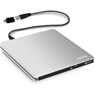 NOLYTH Externes Blu Ray Laufwerk: USB-C UHD 4K Bluray Laufwerk Extern Tragbar 3D BDXL Bluray Brenner Extern für Laptop PC Windows 11/10 Mac MacBook Air Pro Tasche Aluminium