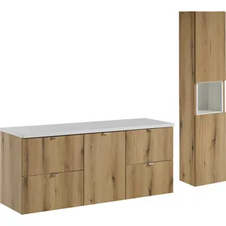 Badezimmerschrank 140 cm mit Korb und Pfosten Oak Evoke + White Matte - Braun, Weiß