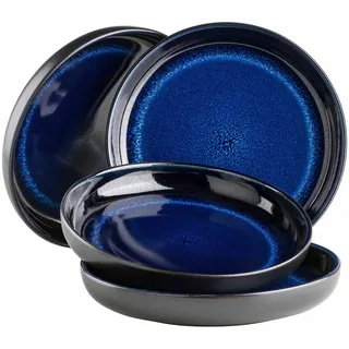 MÄSER Serie Niara, Modernes Suppenteller Set für 4 Personen in aufregendem Vintage Look, große tiefe Teller für Pasta und Suppen aus Keramik, Steinzeug, Blau/Schwarz
