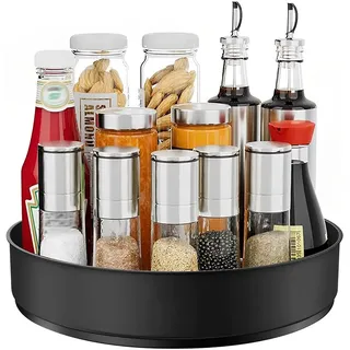JTWEB Lazy Susan Drehteller,Drehbares Gewürzregal,360 Grad Rotierender Gewürzrega für Küche Speisekammer Schrank Schrank Tisch Arbeitsplatte, Edelstahl, 25 * 25 * 5.8 cm, Schwarz