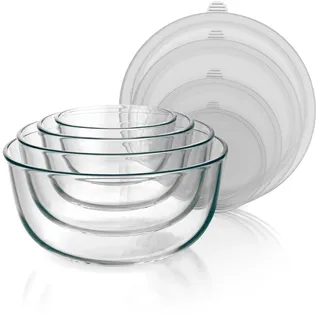 Arendo - Salatschüssel aus Glas mit Deckel - Glasschüssel 4er Set - 700ml + 1100ml + 2700ml + 4400ml – Rührschüsseln klein bis groß – Borosilikatglas - Glasschale Salatglasschale