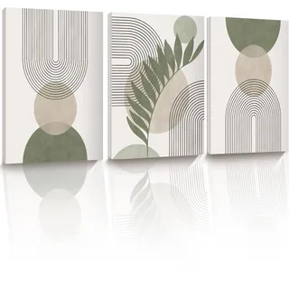 HesenDot 3er Set Boho Wandbilder 30x40cm, Abstrakte Grün Leinwanddrucke | Minimalistische Geometrie Poster mit Rahmen Wanddeko, Moderne Kunst Dekoration für Wohnzimmer Schlafzimmer Flur Bad Büro