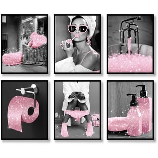 Luodroduo Fashion Wall Art Decor Prints Set of 6 Black and White Pink Glam Glitter Canvas Poster Pictures Photos Artwork Wall Modern Women Funny Bathroom (B&W Pink, 20,3 x 25,4 cm ungerahmt)