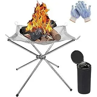 KAHEIGN Tragbare Feuerstelle für Außen, 42cm Faltbare Edelstahlgeflecht Feuerstelle Grill-Feuerschale mit hitzebeständigen Handschuhen Tragetasche für Camping Picknick Lagerfeuer Terrasse Garte
