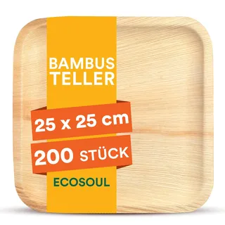 ECO SOUL Bambus teller 10"(25 cm) Papteller Einwegteller(200 Stück) | 100% natürliches Bambus, Extra stabil für heiße & kalte Speisen, Fett & schnittfest, Kompostierbare Alternative zu Plast