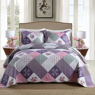 Qucover Tagesdecke Bettüberwurf für Doppelbett Gesteppte Decke Set mit Kissen Patchwork Tagesdecke mit Blumen Muster (Lila, 230x250cm)