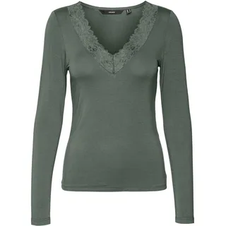 VERO MODA Damen Bluse Slim Fit V-Ausschnitt Spitzen-Detail Basic Langarm