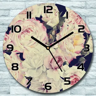 Wanduhr aus Glas Rund fi 30 Weiße Rosen Vintage Quarz Deko Schlafzimmer Büro - Rosa