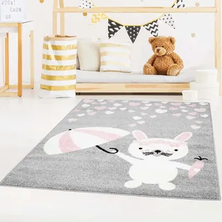 carpet city Kinderteppich Grau - 140x200 cm - Hase mit Herzen, Regenschirm - Teppich Kinderzimmer Tiermotiv