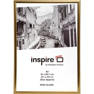 Hampton Frames | Bilderrahmen, A4, 21 x 30 cm, goldfarben, ohne Glas | 9 mm breit, 16 mm tief, Plexiglas, Hoch- oder Querformat, Wand- & Tischaufstellung | für Fotos & Urkunden