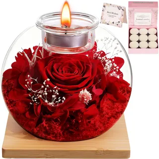 Weihnachtsgeschenke für Frauen, Ewige Rose im Glas mit 18 Duftkerzen-Konservierte Blumen Infinity Rose, Weihnachten Valentinstag Muttertag Geundin Ehefrau, Romantische Deko