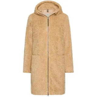 camel active Damen Teddyfell Mantel lang mit Frontzipper & Kapuze | warmer Teddymantel mit Kapuze - gefüttert und 2-Wege-Reißverschluss - seitliche Eingrifftaschen und eine Innentasche