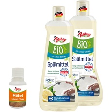 POLIBOY BIO Spülmittel lemon - Fettlösendes Geschirrspülmittel zur Reinigung von Kochzubehör - Vegan - 2x 500 ml - Mit Produktprobe - Made in Germany