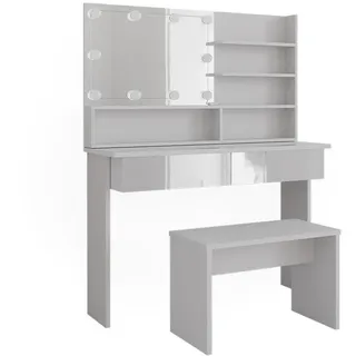 Vicco Schminktisch Azur Weiß 120 cm mit Spiegelregal, Bank & LED-Beleuchtung, - Weiß