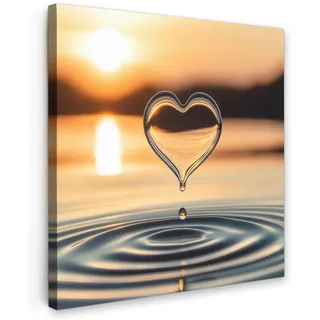MuchoWow Leinwandbild Herz - Wasser - Sonnenuntergang - Natur - Zen Deko Groß 90x90 cm , Bernsteinfarben , Textil , Kiefer , Abstrakt , Quadratisch , 90x90 cm , FSC 100% , gerahmt , Bilder & Rahmen, Bilder, Leinwandbilder