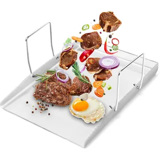 GFTIME 40x30cm Edelstahl Grillplatte Plancha für Weber, Enders, Landmann, Rösle videro, Burnhard Gasgrill und Holzkohlegrill,4mm Dicke massiven Edelstahl Plancha Grillplatte mit Griff